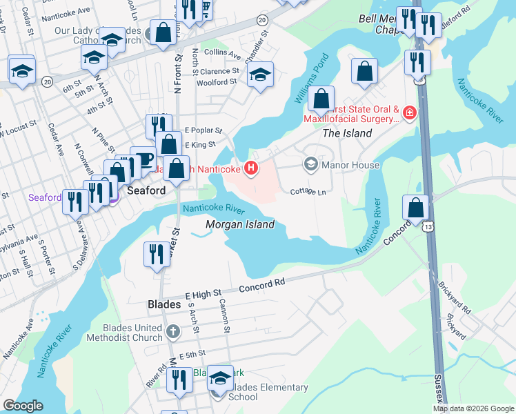 map of restaurants, bars, coffee shops, grocery stores, and more near in Seaford