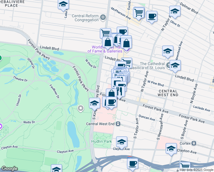 map of restaurants, bars, coffee shops, grocery stores, and more near 4967 Forest Park Avenue in St. Louis