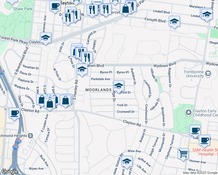 map of restaurants, bars, coffee shops, grocery stores, and more near 7501 Oxford Drive in Clayton