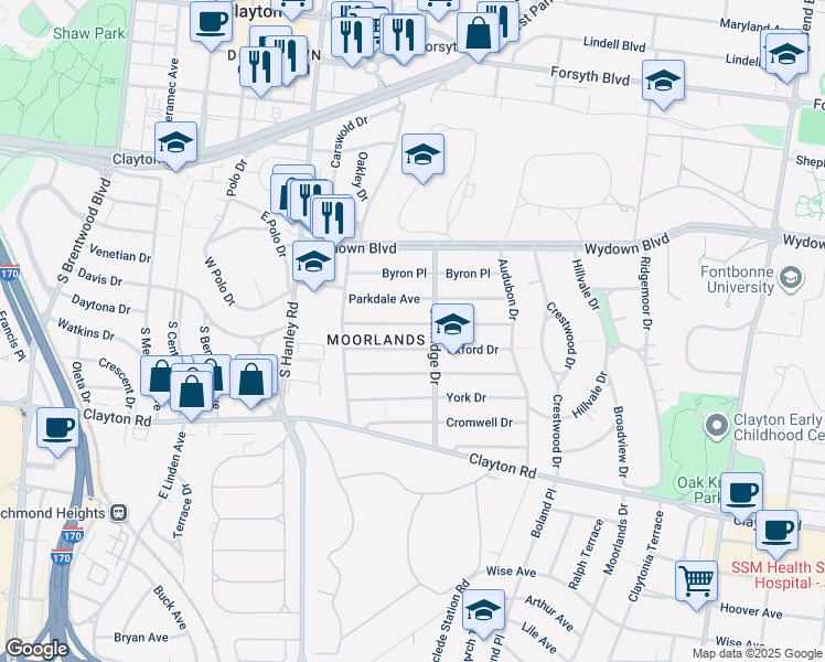 map of restaurants, bars, coffee shops, grocery stores, and more near 7501 Oxford Drive in Clayton