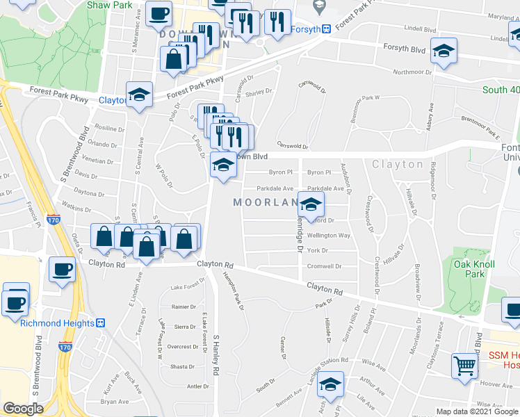 map of restaurants, bars, coffee shops, grocery stores, and more near in Clayton