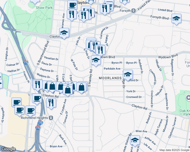 map of restaurants, bars, coffee shops, grocery stores, and more near 800 South Hanley Road in Clayton