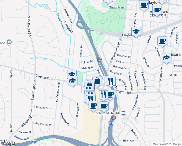 map of restaurants, bars, coffee shops, grocery stores, and more near 8130 Roxburgh Drive in Clayton