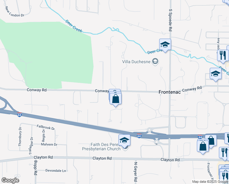 map of restaurants, bars, coffee shops, grocery stores, and more near 1 Frontenac Place Drive in Frontenac
