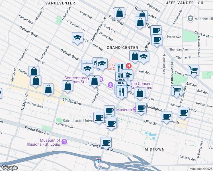 map of restaurants, bars, coffee shops, grocery stores, and more near 3733 Washington Avenue in Saint Louis
