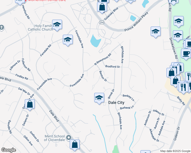 map of restaurants, bars, coffee shops, grocery stores, and more near 3429 Braddock Drive in Woodbridge