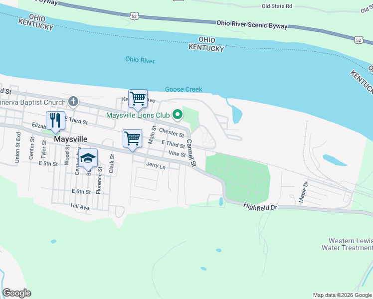 map of restaurants, bars, coffee shops, grocery stores, and more near 1429 Vine Street in Maysville