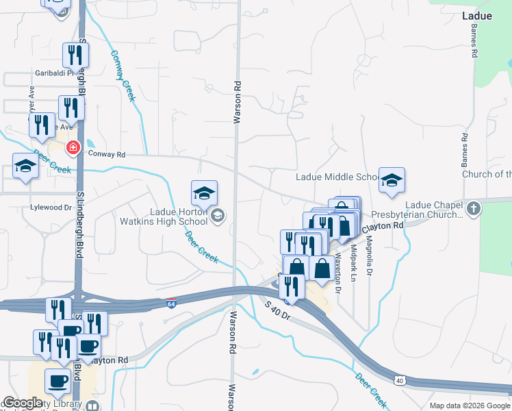 map of restaurants, bars, coffee shops, grocery stores, and more near 18 Warson Terrace Drive in St. Louis