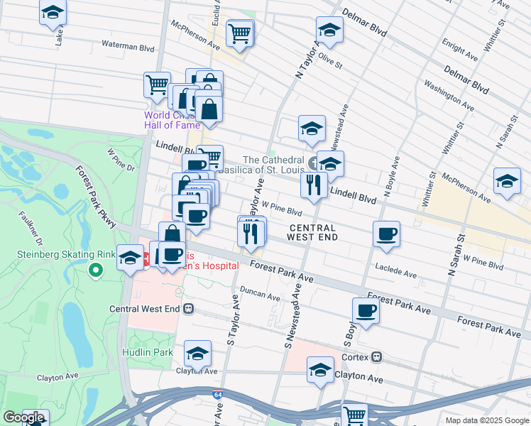 map of restaurants, bars, coffee shops, grocery stores, and more near 4484 West Pine Boulevard in St. Louis