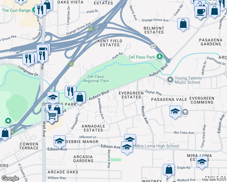 map of restaurants, bars, coffee shops, grocery stores, and more near 4137 Beresford Way in Sacramento
