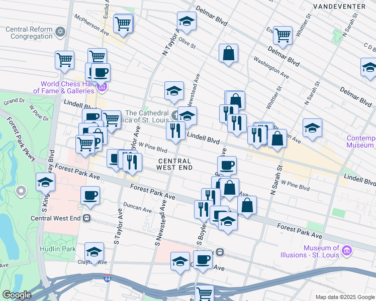 map of restaurants, bars, coffee shops, grocery stores, and more near 4364 West Pine Boulevard in St. Louis