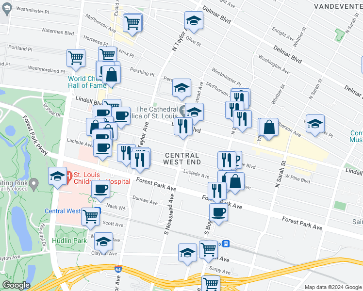 map of restaurants, bars, coffee shops, grocery stores, and more near in St. Louis