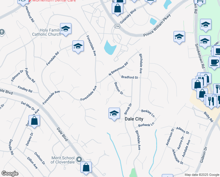 map of restaurants, bars, coffee shops, grocery stores, and more near 3429 Braddock Drive in Woodbridge