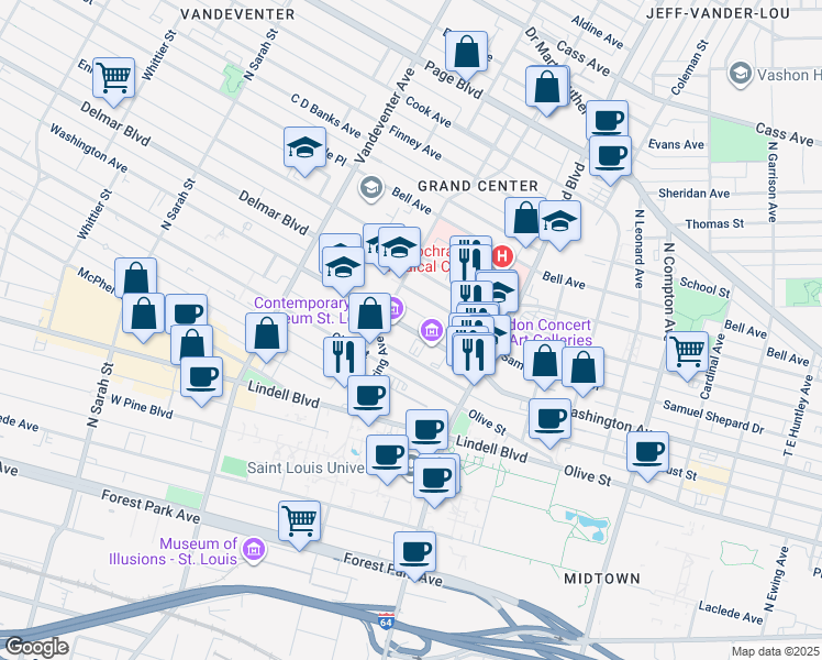map of restaurants, bars, coffee shops, grocery stores, and more near 3714 Washington Avenue in St. Louis