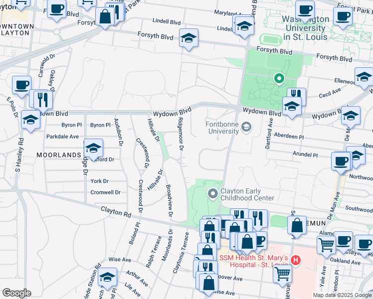 map of restaurants, bars, coffee shops, grocery stores, and more near 24 Ridgemoor Drive in Clayton