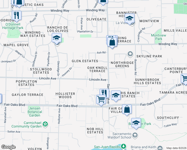 map of restaurants, bars, coffee shops, grocery stores, and more near 4200 Oak Knoll Drive in Carmichael