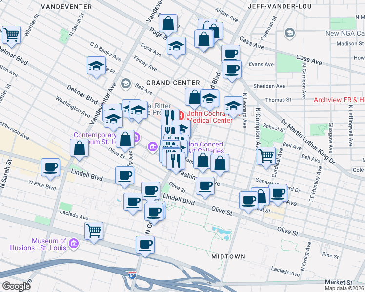 map of restaurants, bars, coffee shops, grocery stores, and more near 711 North Grand Boulevard in St. Louis