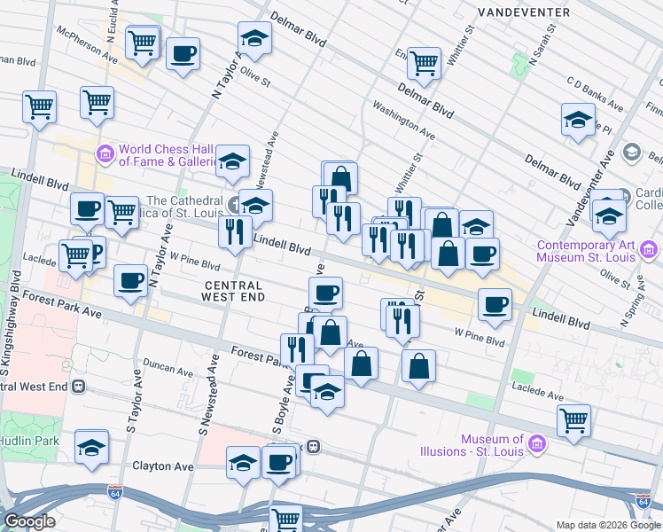 map of restaurants, bars, coffee shops, grocery stores, and more near 4255 West Pine Boulevard in St. Louis