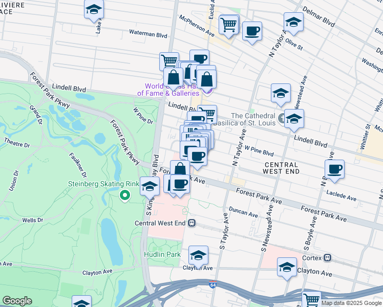 map of restaurants, bars, coffee shops, grocery stores, and more near 4904 Laclede Avenue in St. Louis