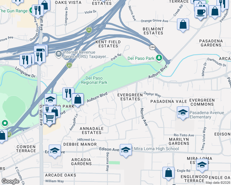 map of restaurants, bars, coffee shops, grocery stores, and more near 4137 Beresford Way in Sacramento
