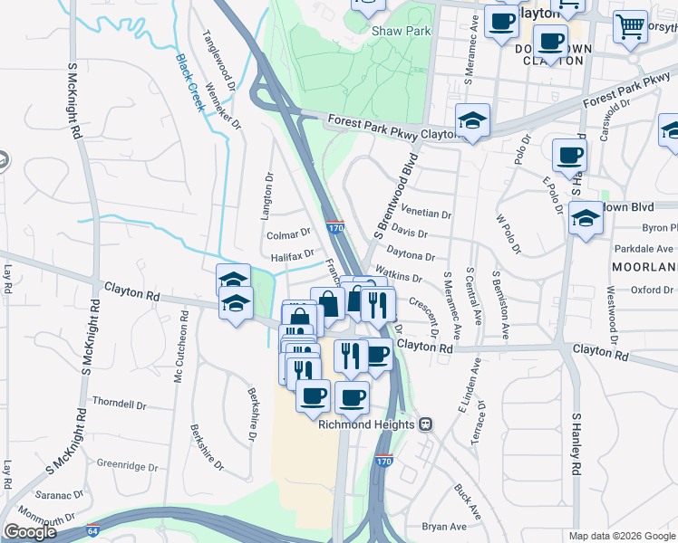 map of restaurants, bars, coffee shops, grocery stores, and more near 8121 Whitburn Drive in Clayton