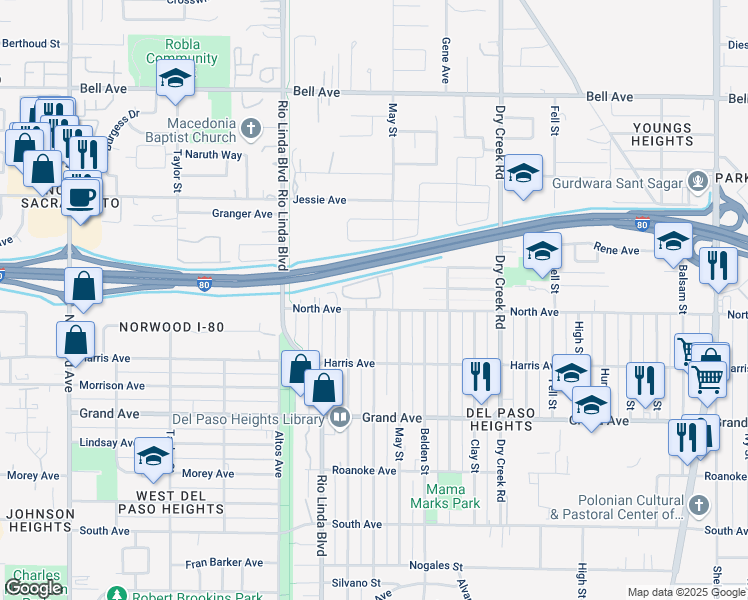 map of restaurants, bars, coffee shops, grocery stores, and more near 943 North Avenue in Sacramento