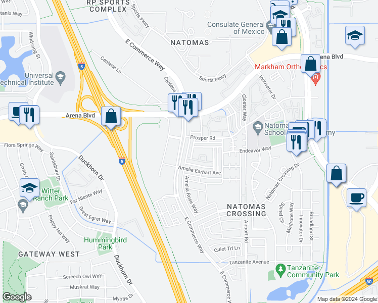 map of restaurants, bars, coffee shops, grocery stores, and more near 3927 Streamline Street in Sacramento