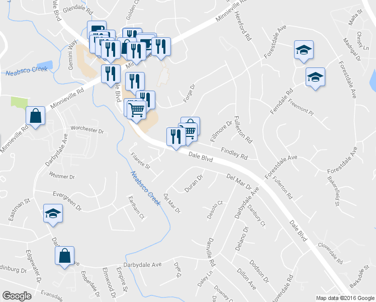 map of restaurants, bars, coffee shops, grocery stores, and more near 4020 Dale Blvd in Woodbridge