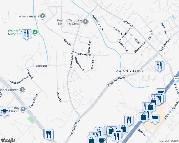 map of restaurants, bars, coffee shops, grocery stores, and more near 11809 Murre Court in Waldorf