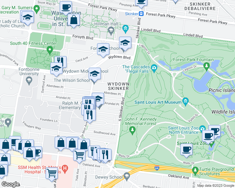 map of restaurants, bars, coffee shops, grocery stores, and more near 13 Arundel Place in St. Louis