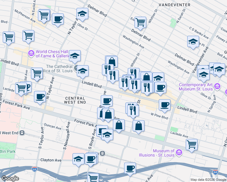 map of restaurants, bars, coffee shops, grocery stores, and more near 4218 Lindell Boulevard in St. Louis