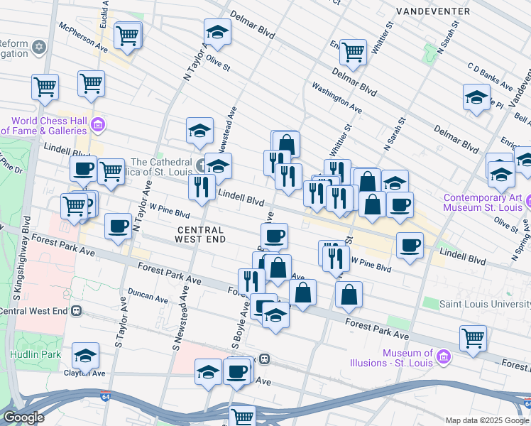 map of restaurants, bars, coffee shops, grocery stores, and more near 4255 West Pine Boulevard in St. Louis
