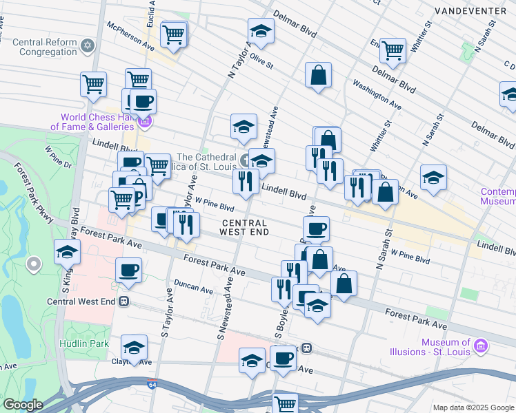 map of restaurants, bars, coffee shops, grocery stores, and more near 4364 West Pine Boulevard in St. Louis