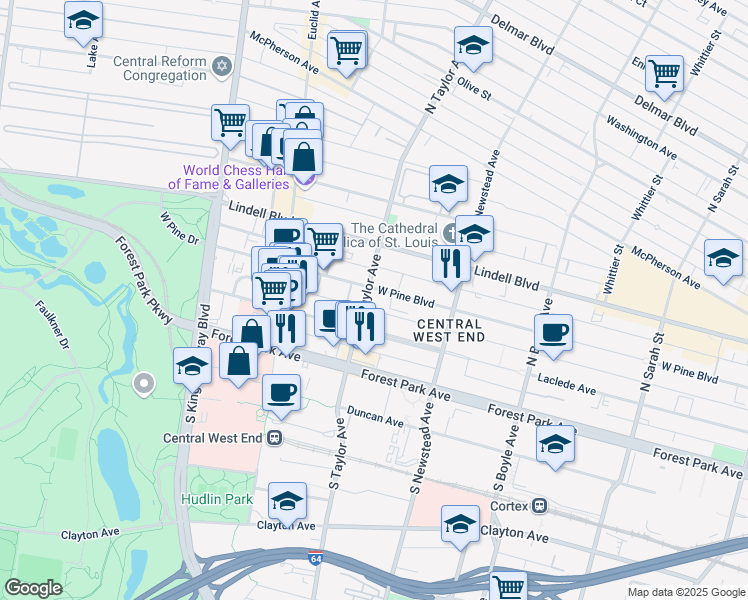 map of restaurants, bars, coffee shops, grocery stores, and more near 4487 Laclede Avenue in St. Louis