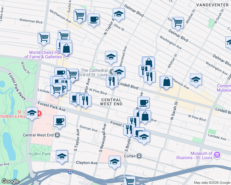 map of restaurants, bars, coffee shops, grocery stores, and more near in St. Louis