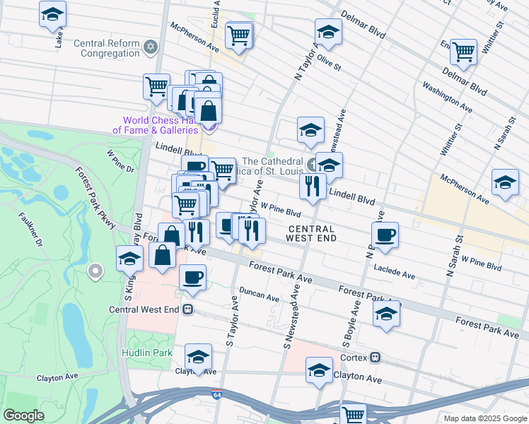 map of restaurants, bars, coffee shops, grocery stores, and more near 4484 West Pine Boulevard in St. Louis