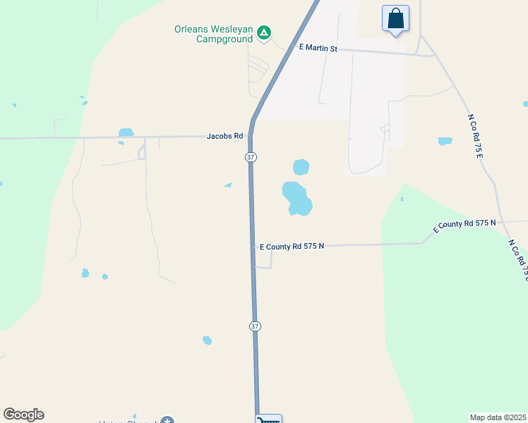 map of restaurants, bars, coffee shops, grocery stores, and more near 5657 Indiana 37 in Orleans