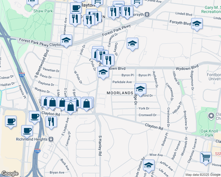 map of restaurants, bars, coffee shops, grocery stores, and more near 745 Westwood Drive in St. Louis