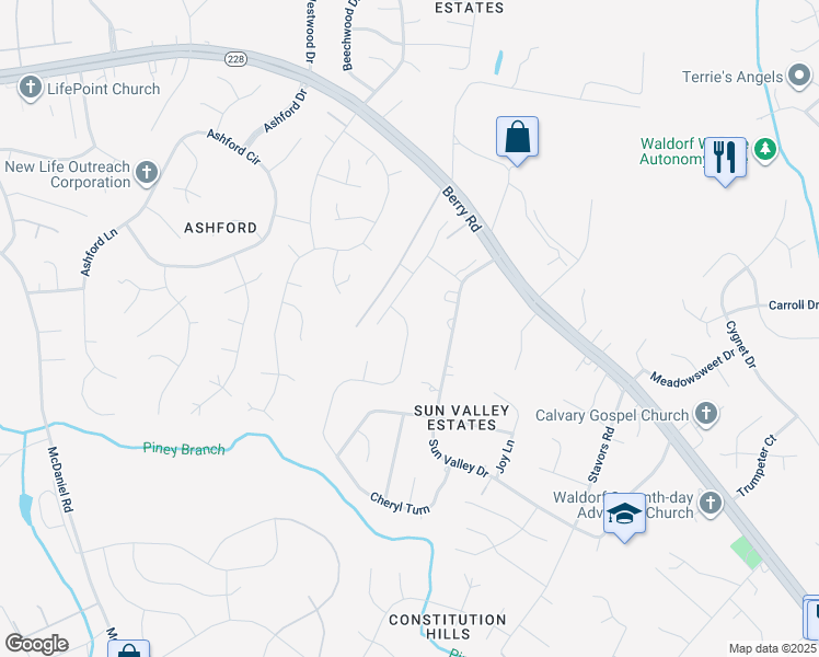 map of restaurants, bars, coffee shops, grocery stores, and more near 10602 Starfire Lane in Waldorf