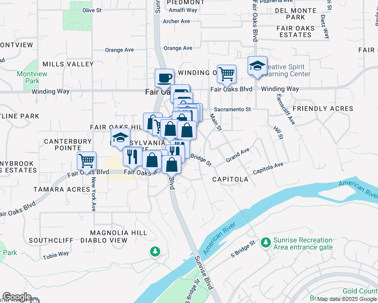 map of restaurants, bars, coffee shops, grocery stores, and more near in Fair Oaks
