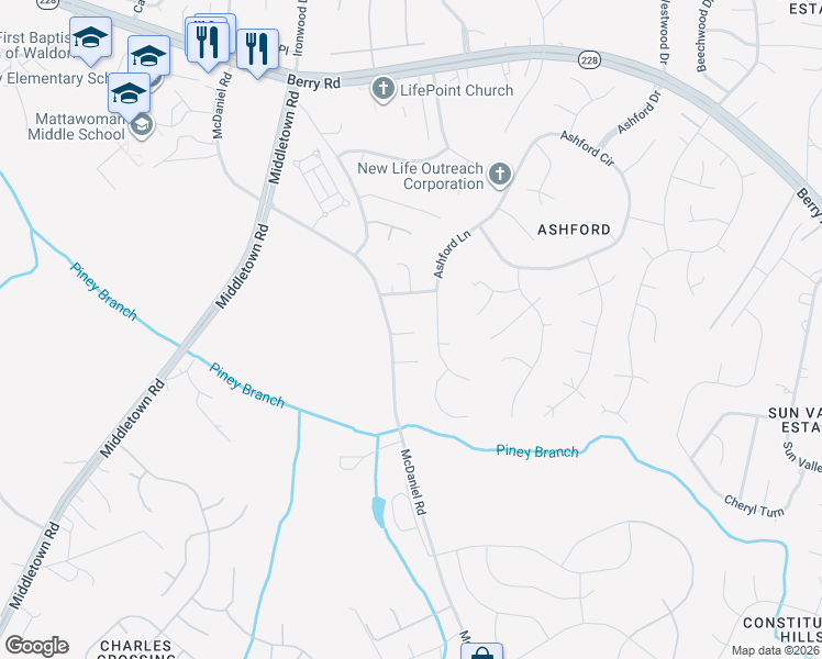 map of restaurants, bars, coffee shops, grocery stores, and more near 2580 McDaniel Road in Waldorf