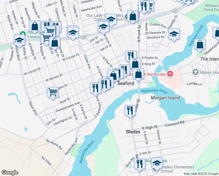 map of restaurants, bars, coffee shops, grocery stores, and more near 200 High Street in Seaford