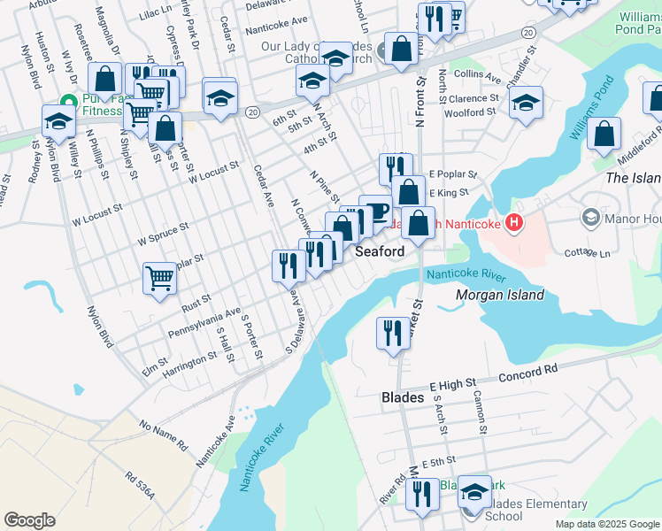 map of restaurants, bars, coffee shops, grocery stores, and more near 200 High Street in Seaford
