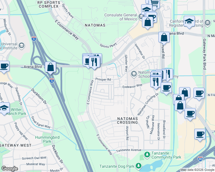 map of restaurants, bars, coffee shops, grocery stores, and more near 3923 Samuelson Way in Sacramento