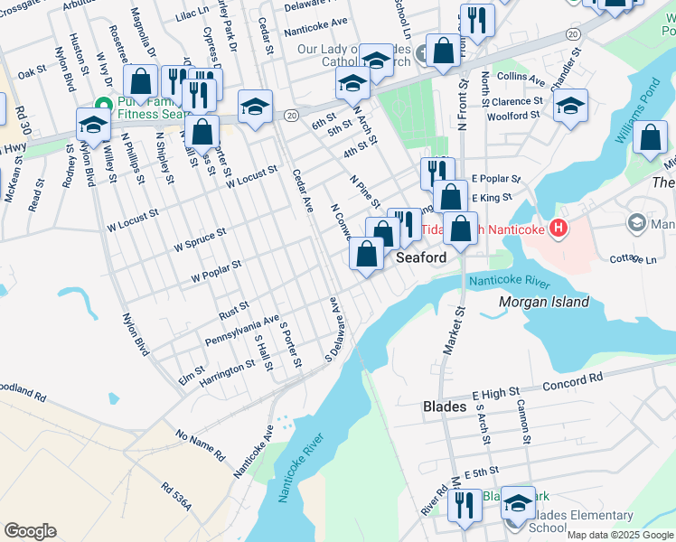 map of restaurants, bars, coffee shops, grocery stores, and more near 105 High Street in Seaford