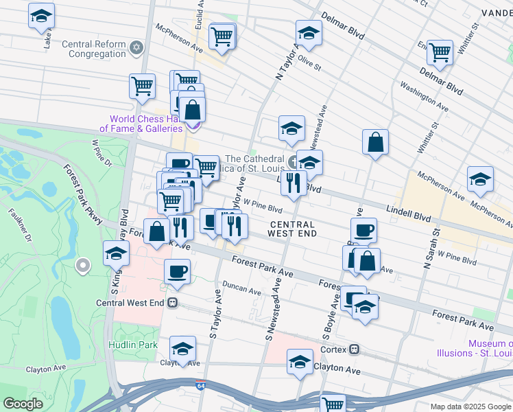 map of restaurants, bars, coffee shops, grocery stores, and more near 4444 West Pine Boulevard in St. Louis