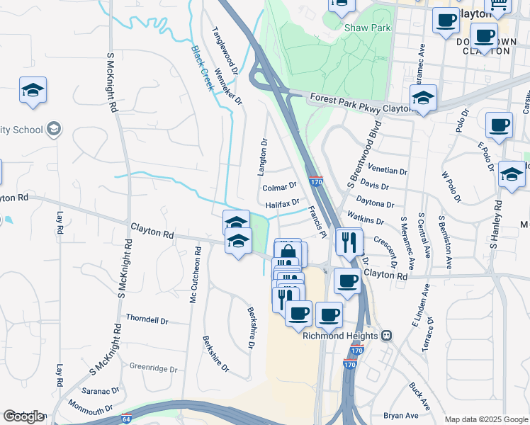 map of restaurants, bars, coffee shops, grocery stores, and more near 3 Haddington Court in Clayton