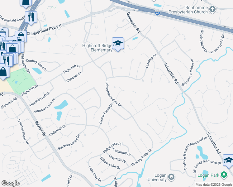 map of restaurants, bars, coffee shops, grocery stores, and more near 15475 Clover Ridge Drive in Chesterfield