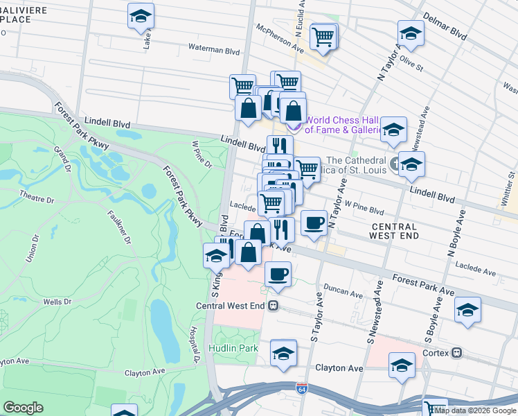 map of restaurants, bars, coffee shops, grocery stores, and more near 4967 Forest Park Avenue in St. Louis