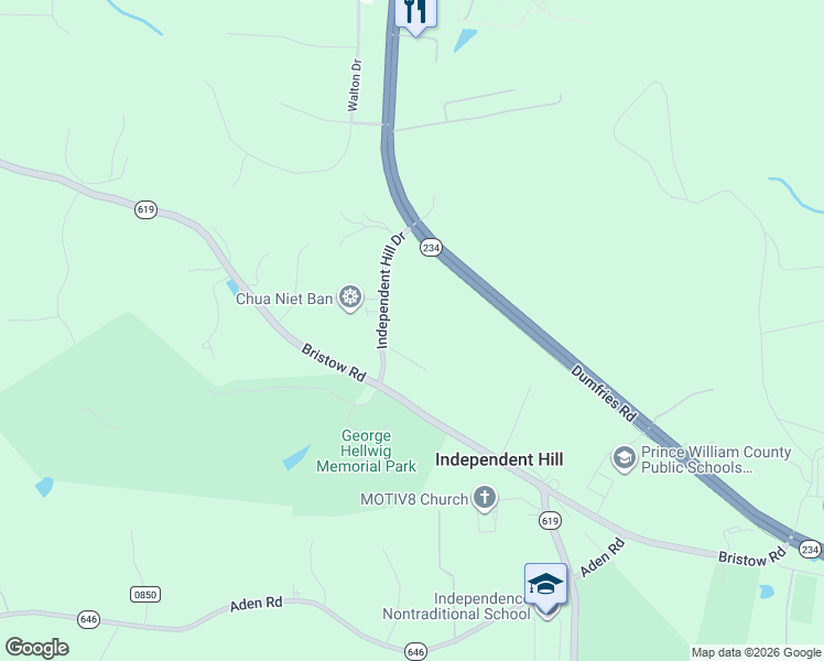 map of restaurants, bars, coffee shops, grocery stores, and more near 14411 Independent Hill Drive in Manassas